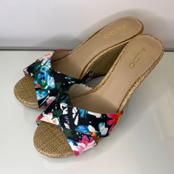 Aldo Sandals Floral Colourful Hawaiian Wedge Wicker High Heel Size 7.5 - Picture 3 of 14